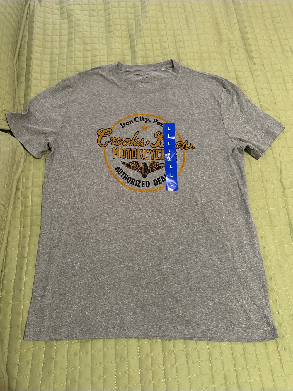 Crooks Bros Gray Short Sleeve Motorcycle Logo Tee with Yellow Accents